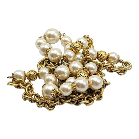 Faux Pearl Heavy Gold Tone Chain Link Long Vintage Necklace 33" Long - Picture 4 of 5